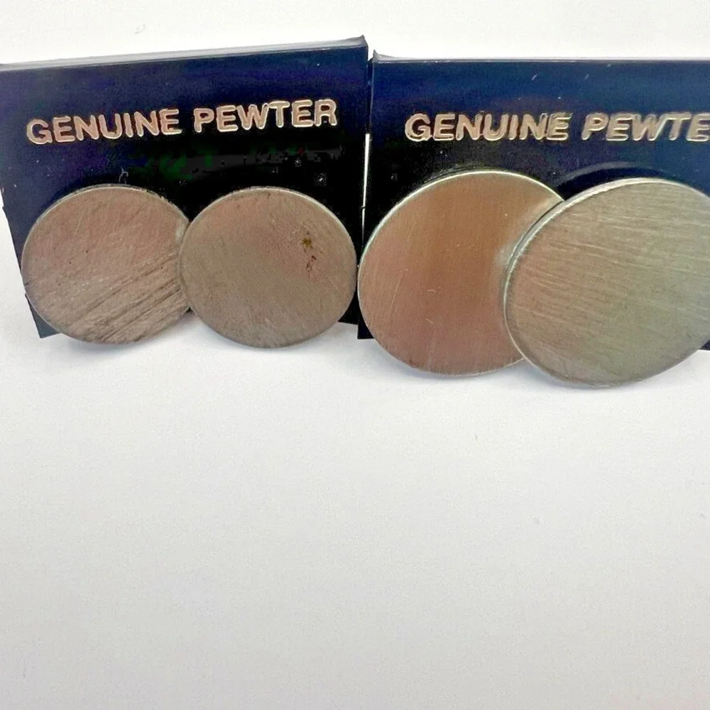 Vintage NOS Pewter Stud Earrings Set of 2 Pairs – Round Minimalist Deadstock New - Picture 4 of 8